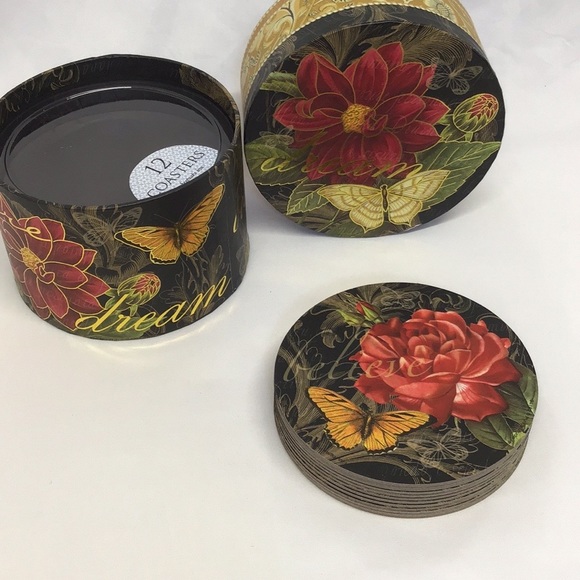 Vintage Punch Studio coasters box set Dream Believe Flower Butterfly gold 12pc - Picture 5 of 9